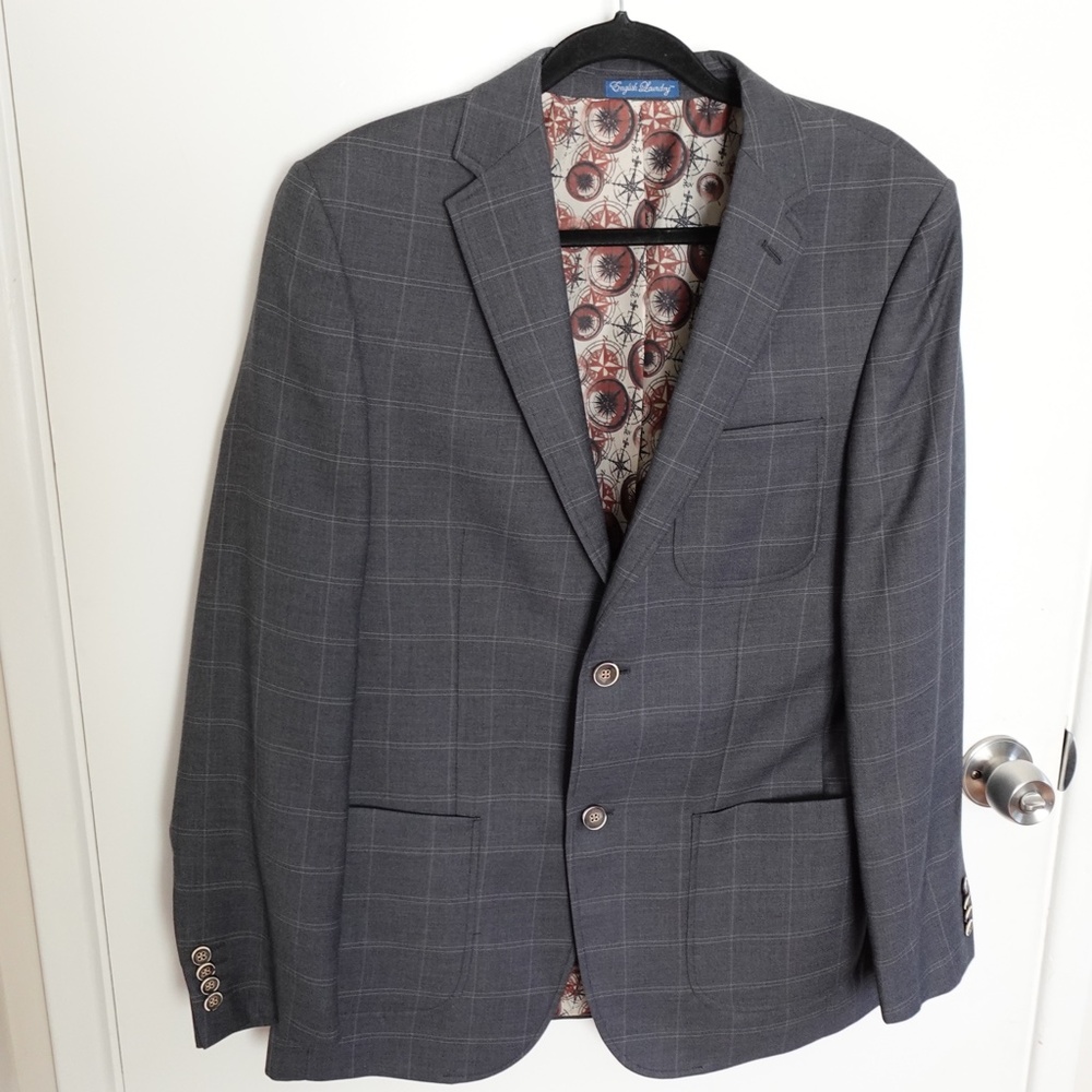 English Laundry Men's Gray Windowpane Blazer Coat Jacket 40R Office Business